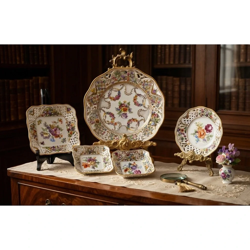 Schumann Arzberg Dresden Flowers Reticulated Porcelain Plate Bowl Set 5pc Gold